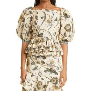 ULLA JOHNSON Carlotta Puff-Sleeve Lace-Up Blouse Color Lemonbalm Sz 6 NWT $295